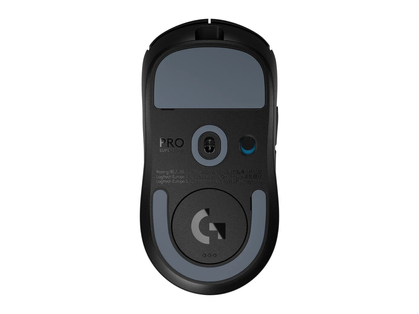 羅技 SUPERLIGHT 2 黑色滑鼠底部,展示高精準感應器與大型腳墊。Bottom view of black Logitech G PRO X SUPERLIGHT 2 showcasing gaming sensor and PTFE feet.