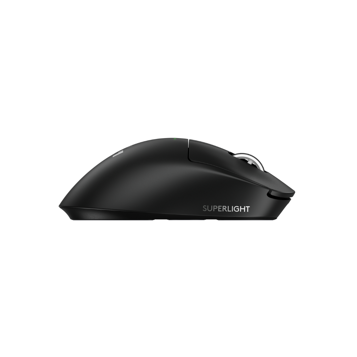 羅技 SUPERLIGHT 2 DEX 黑色滑鼠右側，展示右手專用人體工學流線。Right side view of black Logitech G PRO X SUPERLIGHT 2 DEX ergonomic mouse.