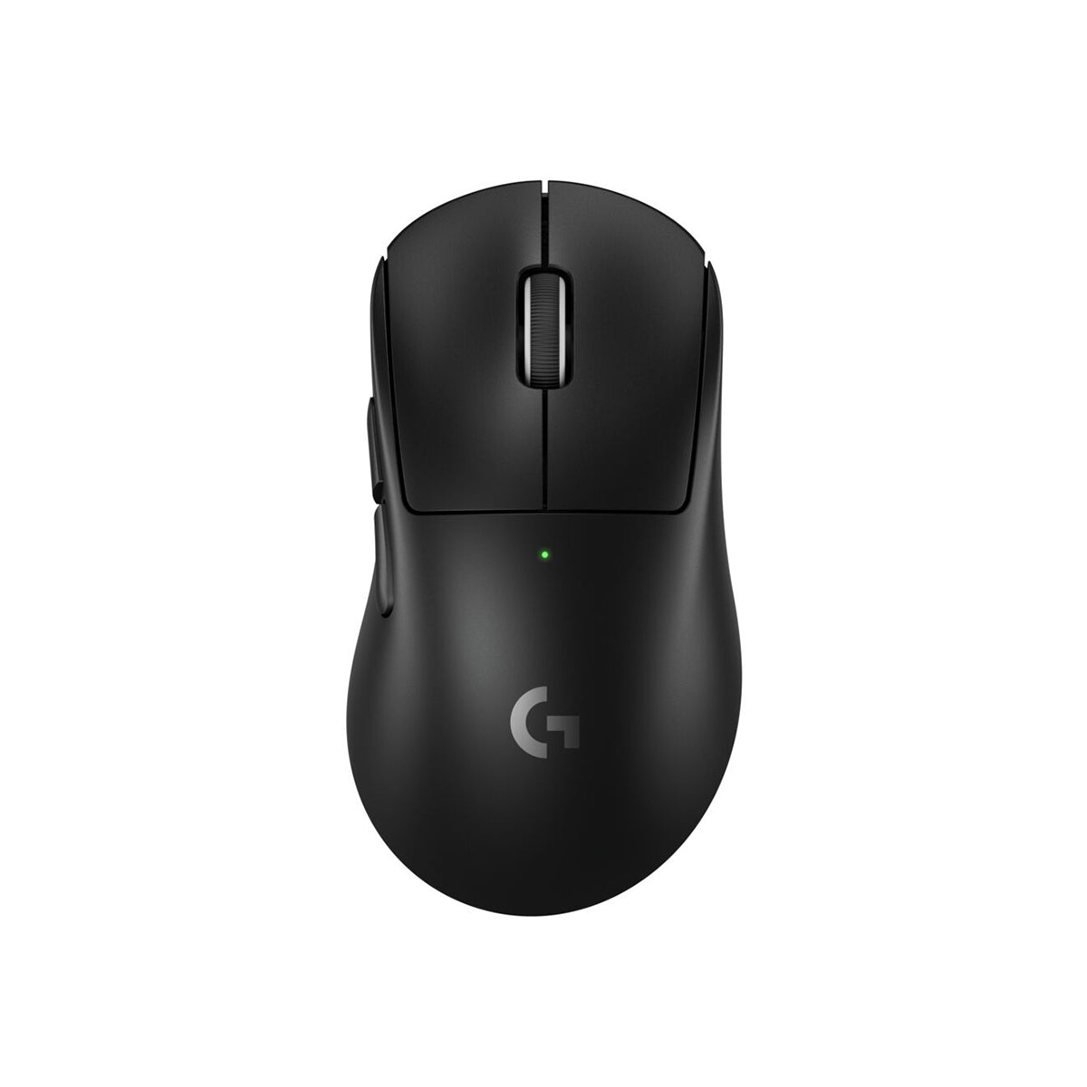 羅技 SUPERLIGHT 2 DEX 黑色滑鼠正面，展示右手非對稱人體工學外型。Front view of black Logitech G PRO X SUPERLIGHT 2 DEX ergonomic gaming mouse.