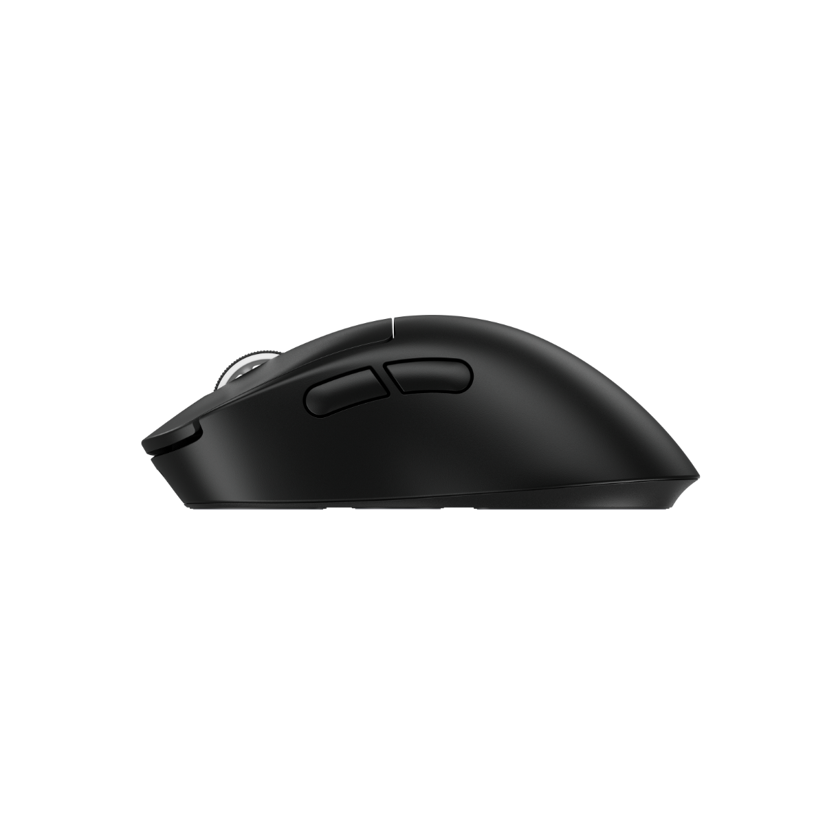 羅技 SUPERLIGHT 2 DEX 黑色滑鼠側面，展示人體工學曲線與側邊雙按鍵。Side view of black Logitech G PRO X SUPERLIGHT 2 DEX showcasing side buttons.