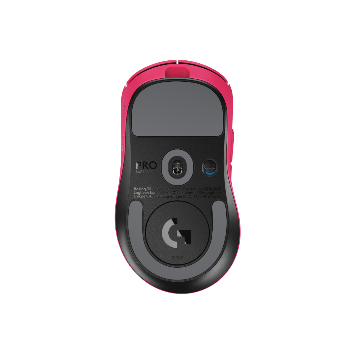 羅技 SUPERLIGHT 2 DEX 桃紅滑鼠底部，展示高精準感應器與大型腳墊。Bottom view of magenta Logitech G PRO X SUPERLIGHT 2 DEX showcasing gaming sensor.