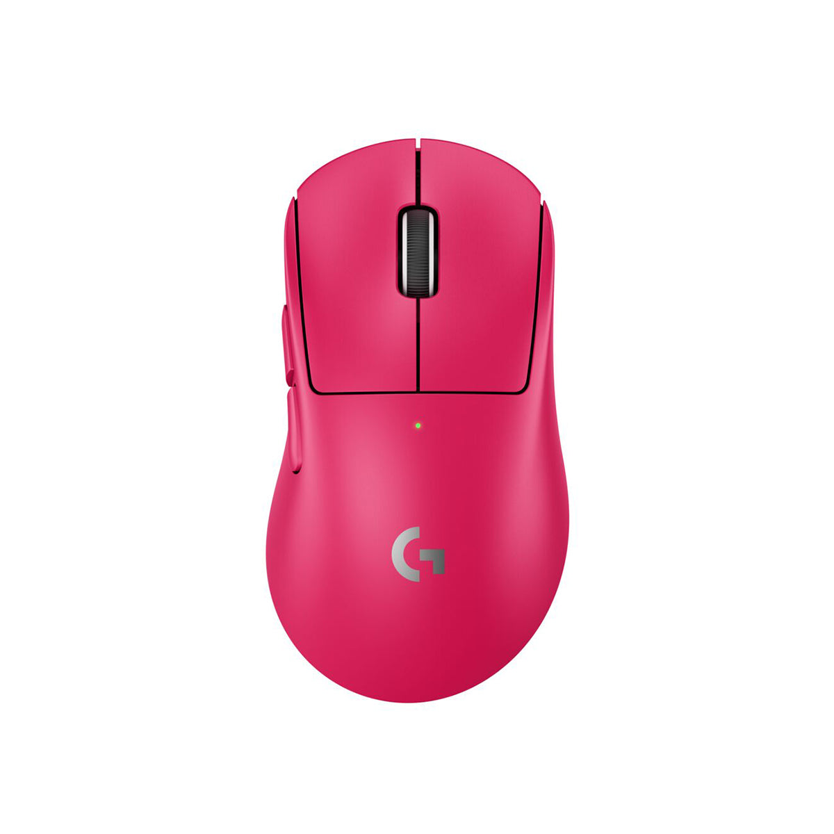 羅技 SUPERLIGHT 2 DEX 桃紅滑鼠正面，展示右手非對稱人體工學外型。Front view of magenta Logitech G PRO X SUPERLIGHT 2 DEX ergonomic gaming mouse.