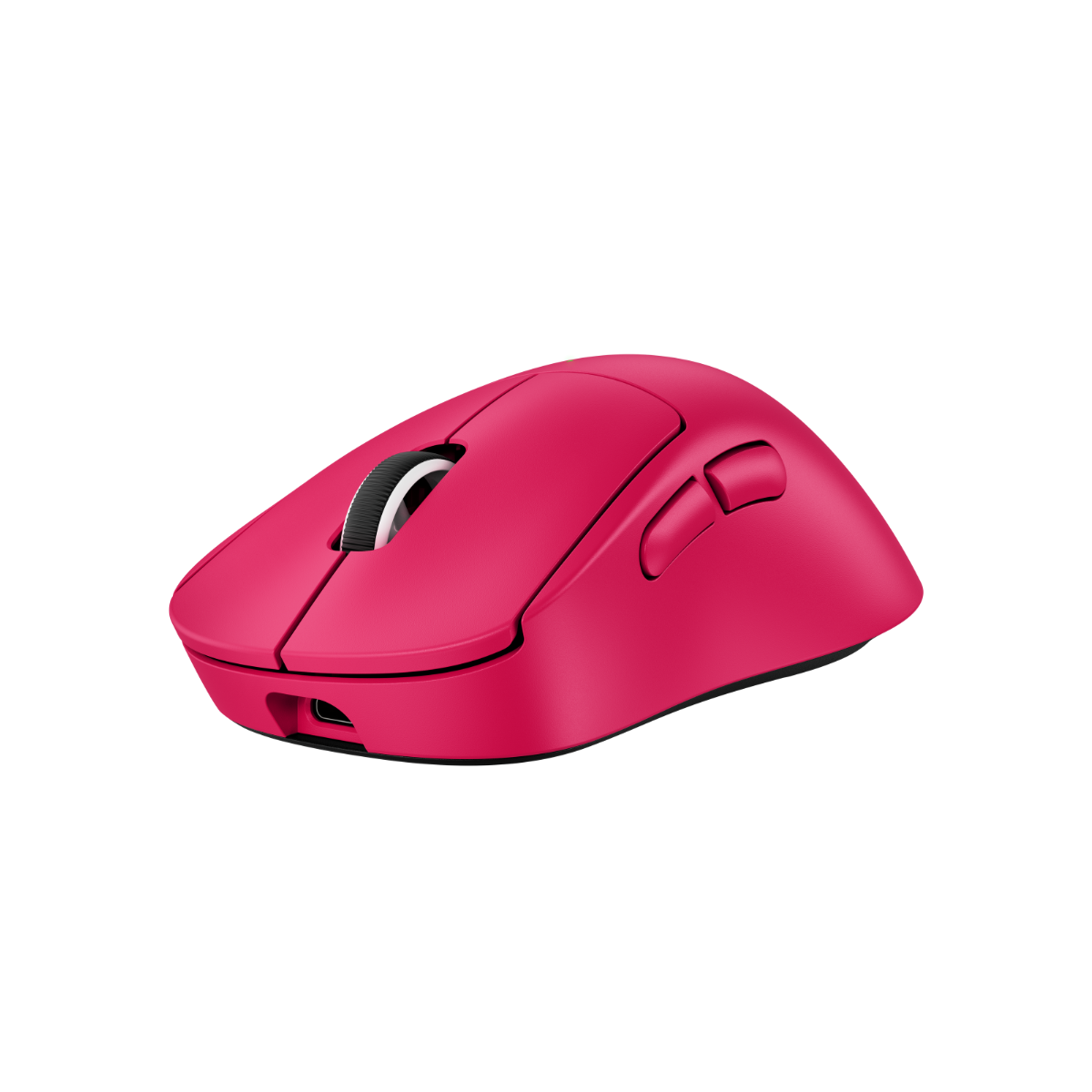 羅技 SUPERLIGHT 2 DEX 桃紅滑鼠左側，展示人體工學弧度與側邊雙按鍵。Left side view of magenta Logitech G PRO X SUPERLIGHT 2 DEX showcasing side buttons.