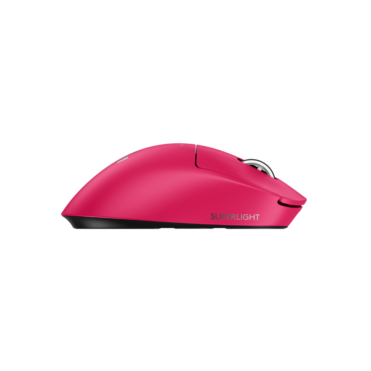 羅技 SUPERLIGHT 2 DEX 桃紅滑鼠右側，展示右手專用人體工學流線。Right side view of magenta Logitech G PRO X SUPERLIGHT 2 DEX ergonomic mouse
