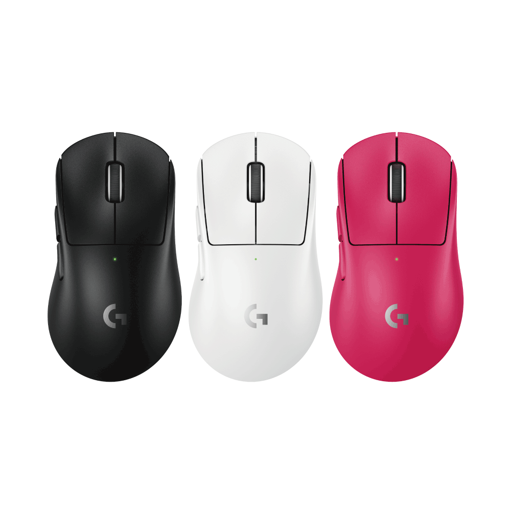 羅技 SUPERLIGHT 2 DEX 三色滑鼠並列，展示黑、白與桃紅非對稱外型。Front view of Logitech G PRO X SUPERLIGHT 2 DEX showcasing three official colors.