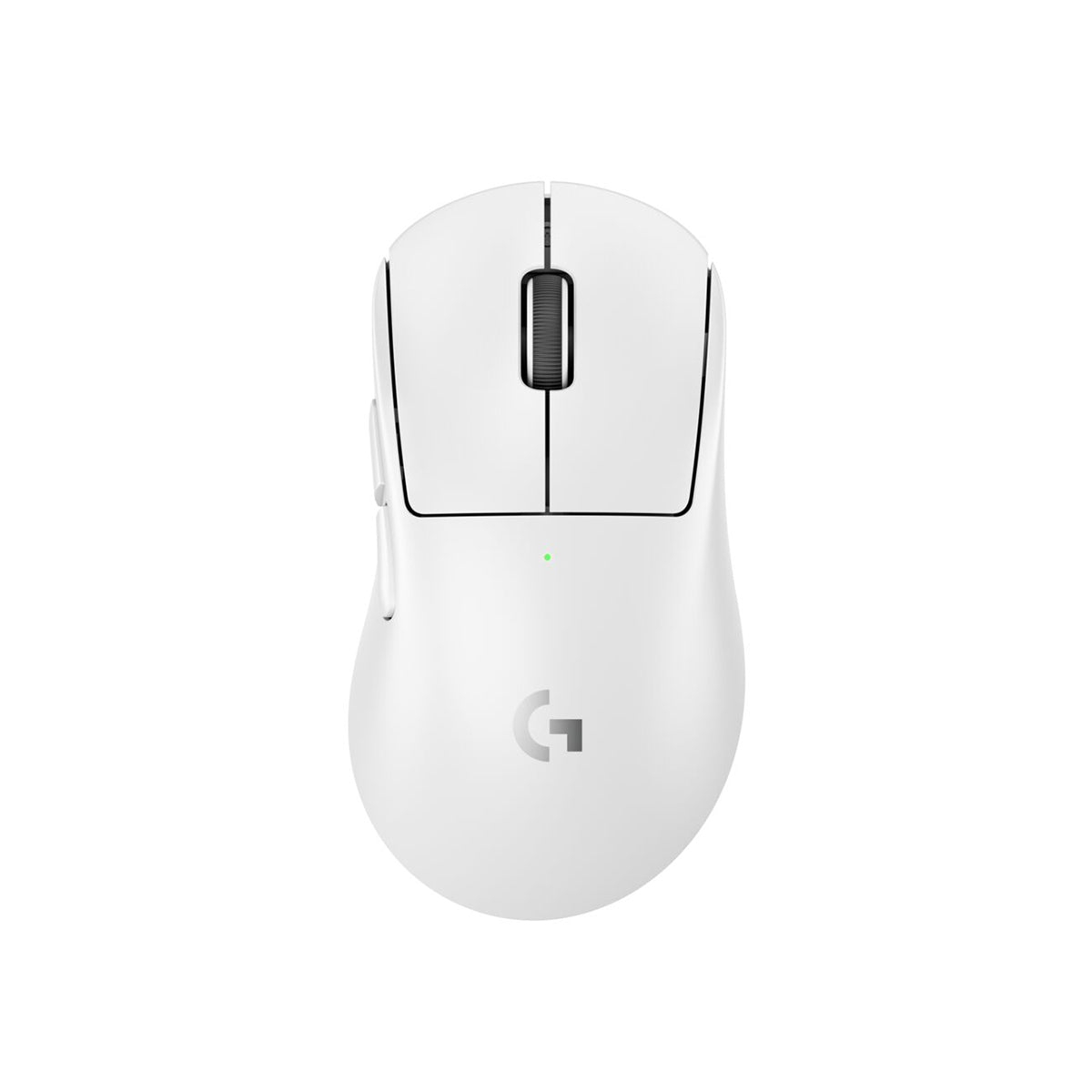 羅技 SUPERLIGHT 2 DEX 白色滑鼠正面，展示右手非對稱人體工學外型。Front view of white Logitech G PRO X SUPERLIGHT 2 DEX ergonomic gaming mouse.