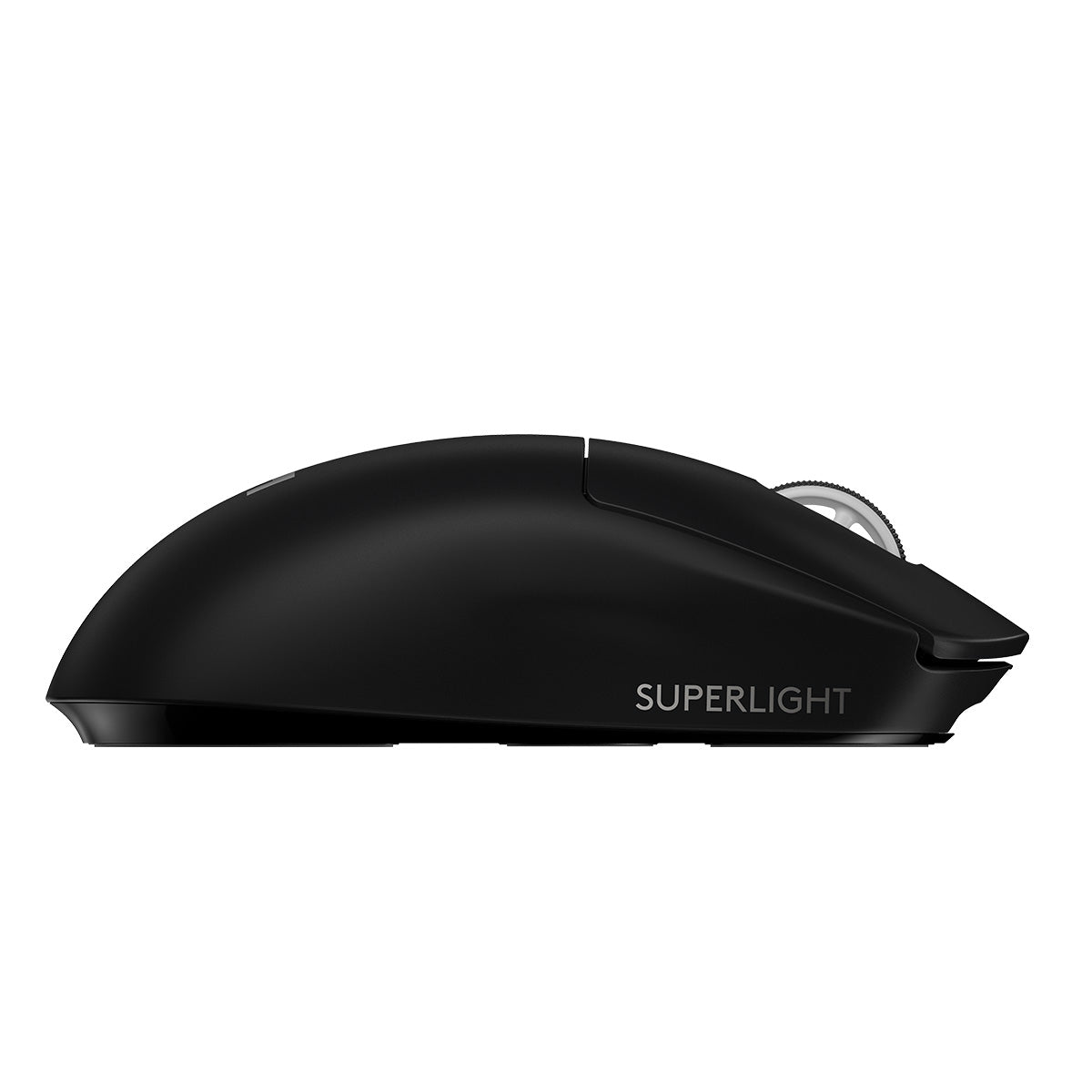 羅技 SUPERLIGHT 2 黑色滑鼠側面特寫Side view of black Logitech G PRO X SUPERLIGHT 2 mouse