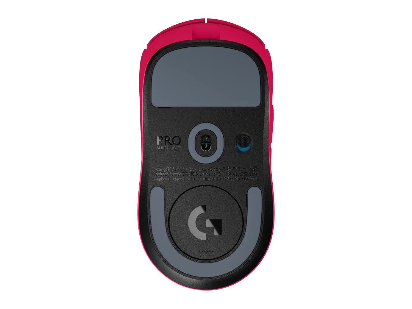 羅技 SUPERLIGHT 2 桃紅滑鼠底部，展示高精準感應器與大型腳墊。Bottom view of magenta Logitech G PRO X SUPERLIGHT 2 showcasing gaming sensor and PTFE feet.
