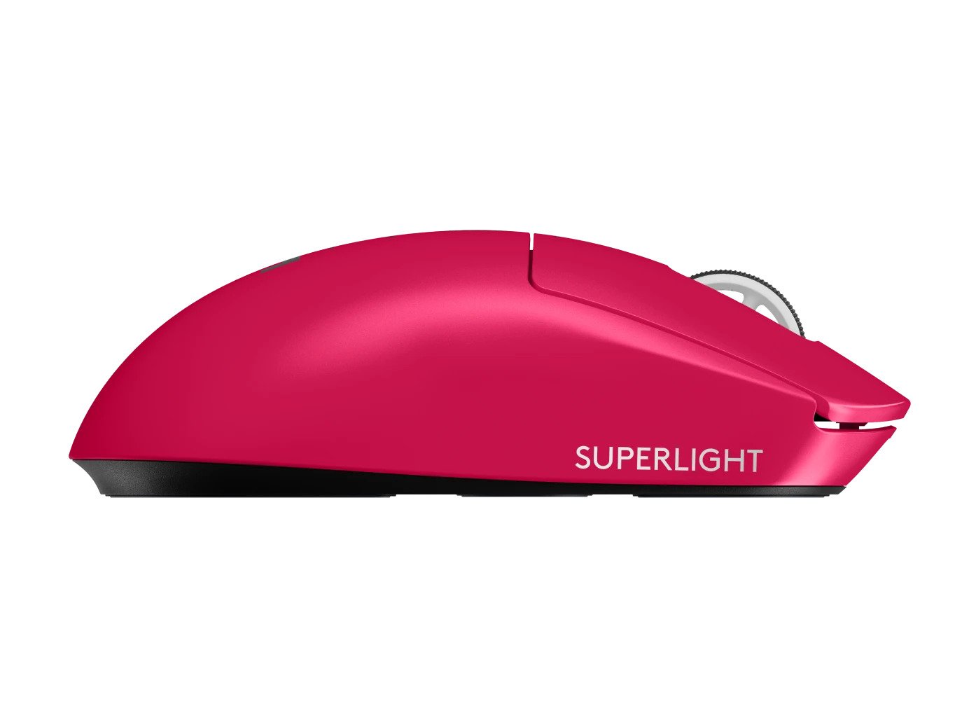 羅技 SUPERLIGHT 2 桃紅滑鼠側面，展示流線型無孔機身與防滑塗層。Side view of magenta Logitech G PRO X SUPERLIGHT 2 mouse showcasing sleek matte finish.