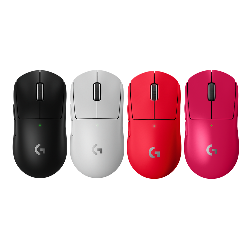 Logitech G PRO X SUPERLIGHT 2 SE 無線輕量化電競滑鼠四色款式展示 Logitech PRO X SUPERLIGHT 2 SE wireless mouse in black, white, red, and magenta.