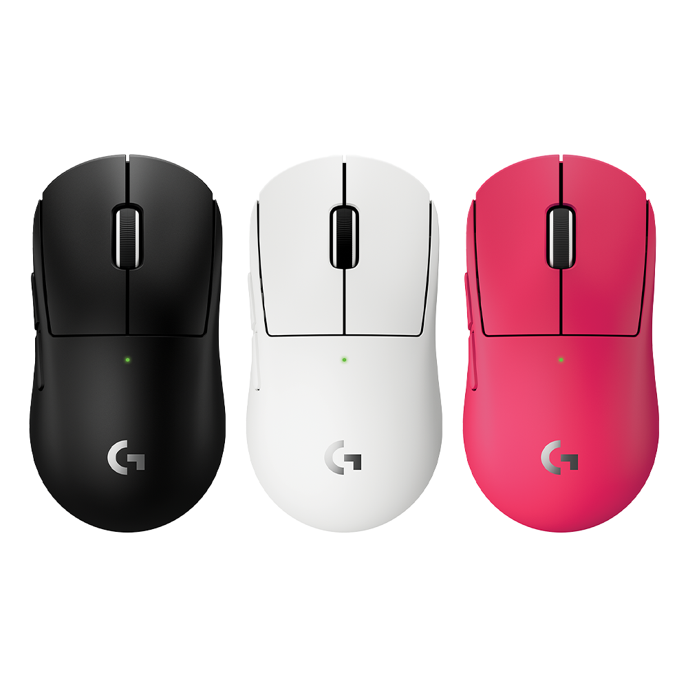 Logitech G PRO X SUPERLIGHT 2C 無線輕量化電競滑鼠 Compact 版三色展示 Logitech PRO X SUPERLIGHT 2C small wireless mouse in black, white, and magenta.