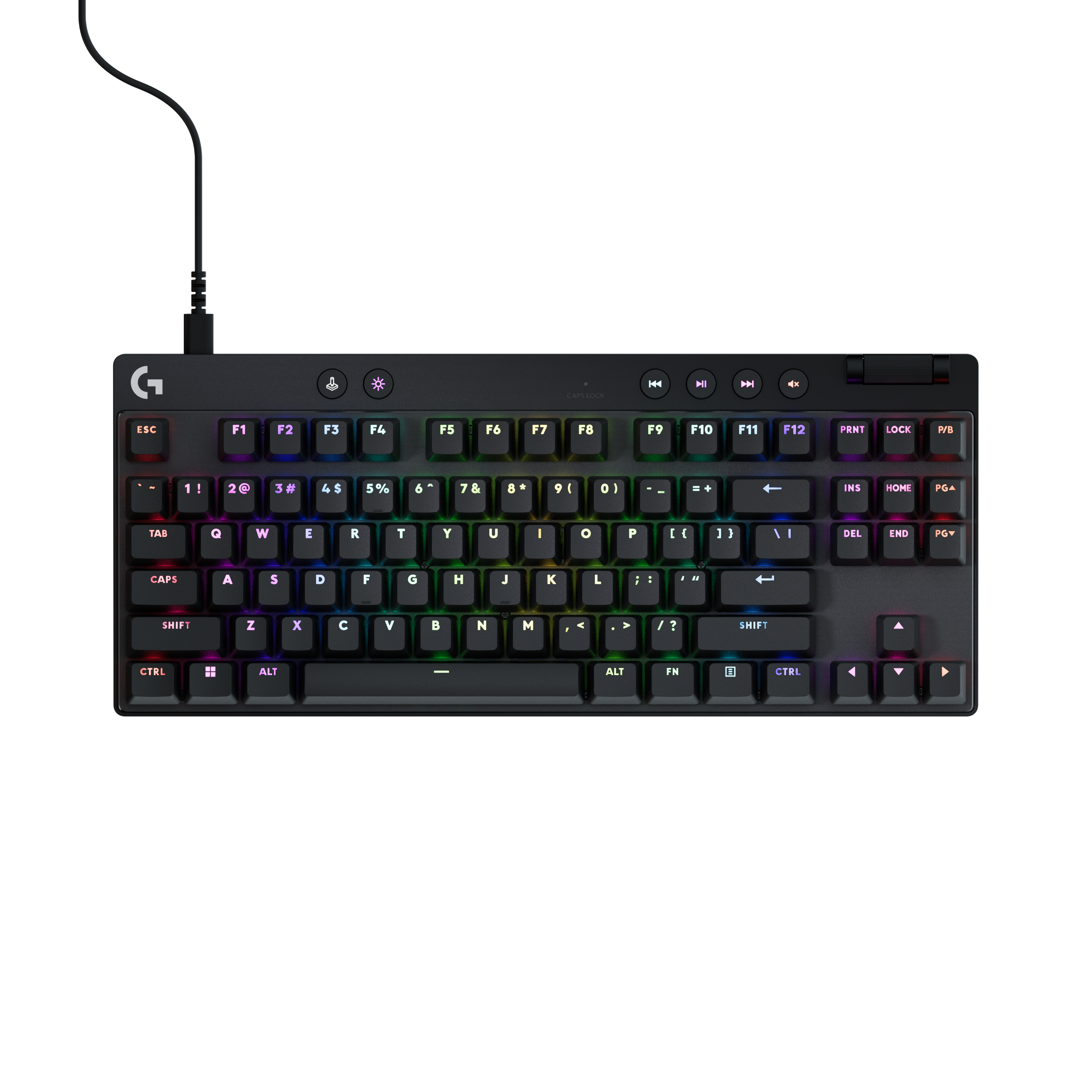 羅技 PRO X TKL RAPID 黑色鍵盤正面，展示磁軸與背光全尺寸配置。Front view of black Logitech G PRO X TKL RAPID gaming keyboard with RGB.