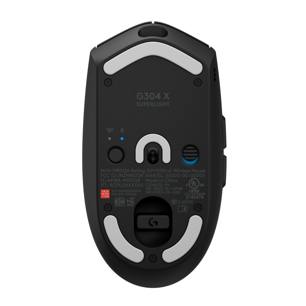 G304 X 黑色滑鼠背面全景。G304 X black mouse bottom view.