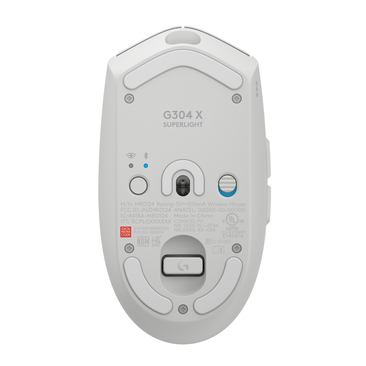 G304X白色滑鼠背面全景。G304X white mouse bottom view.