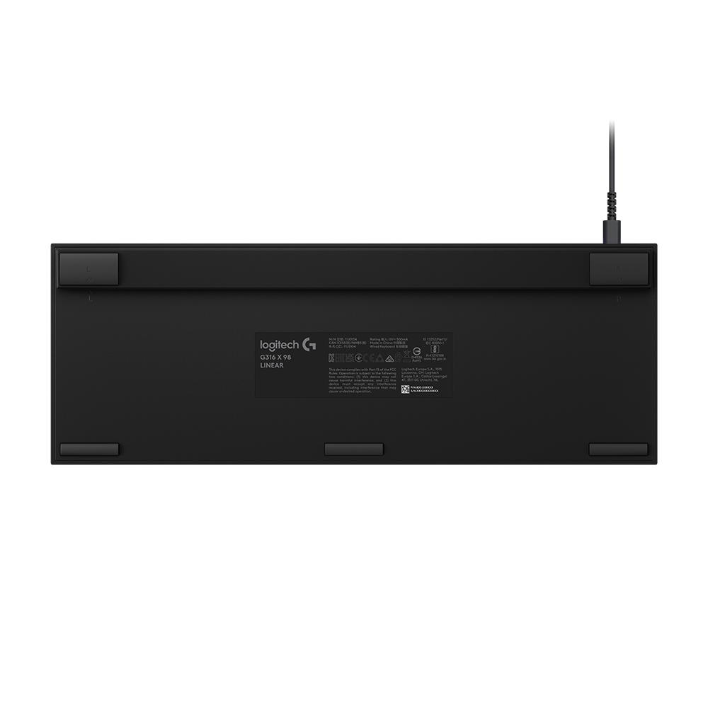 Logitech G316 X 98 黑色背面電競鍵盤。Logitech G316 X 98 black back view keyboard.