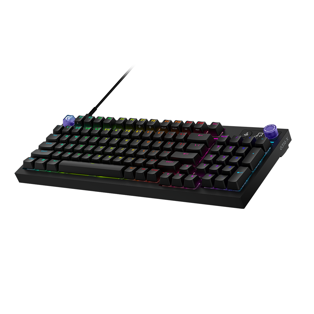 Logitech G316 X 98 黑色斜側全景鍵盤。Logitech G316 X 98 black perspective keyboard