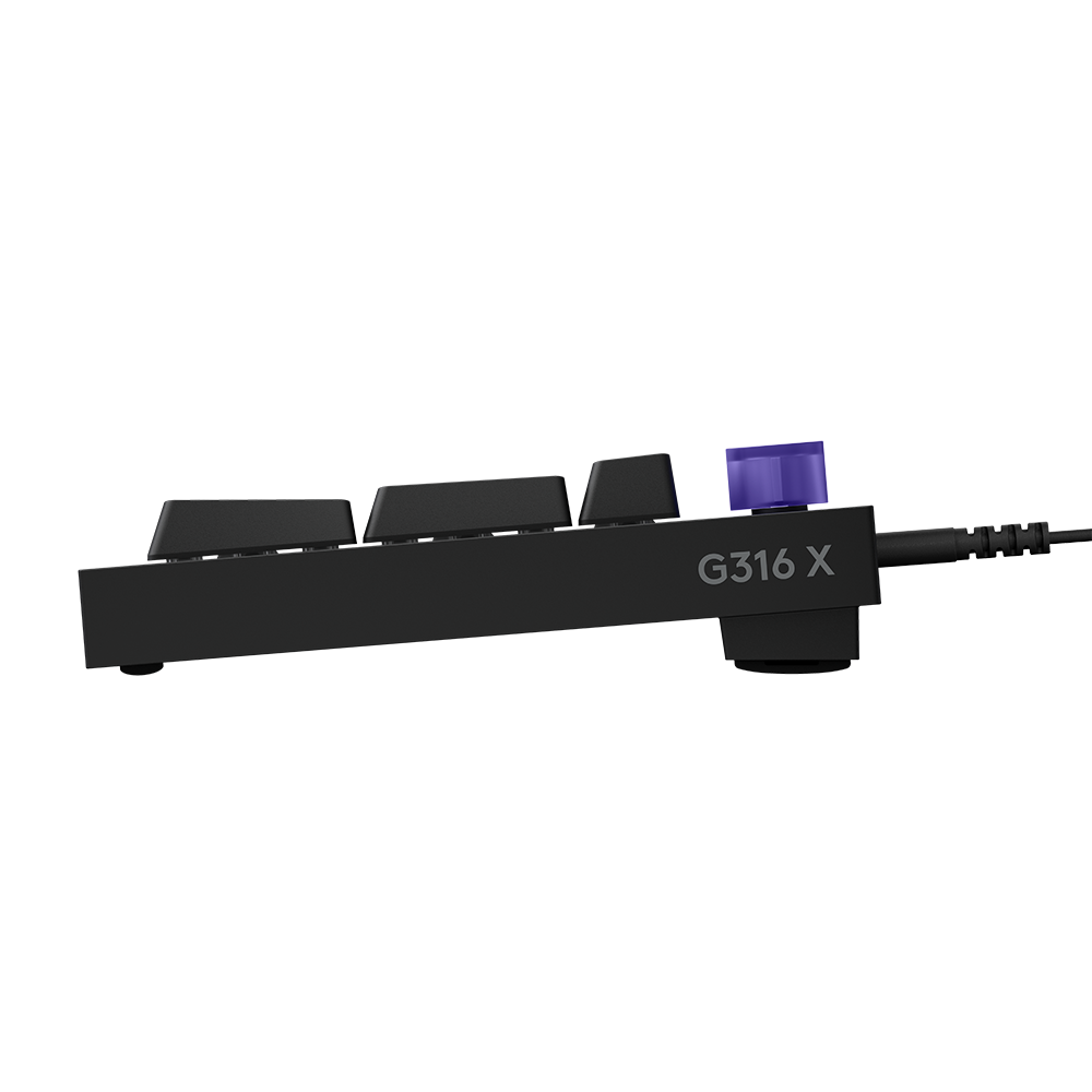 Logitech G 316 X 98 黑色側面電競鍵盤。Logitech G 316 X 98 black side view keyboard.
