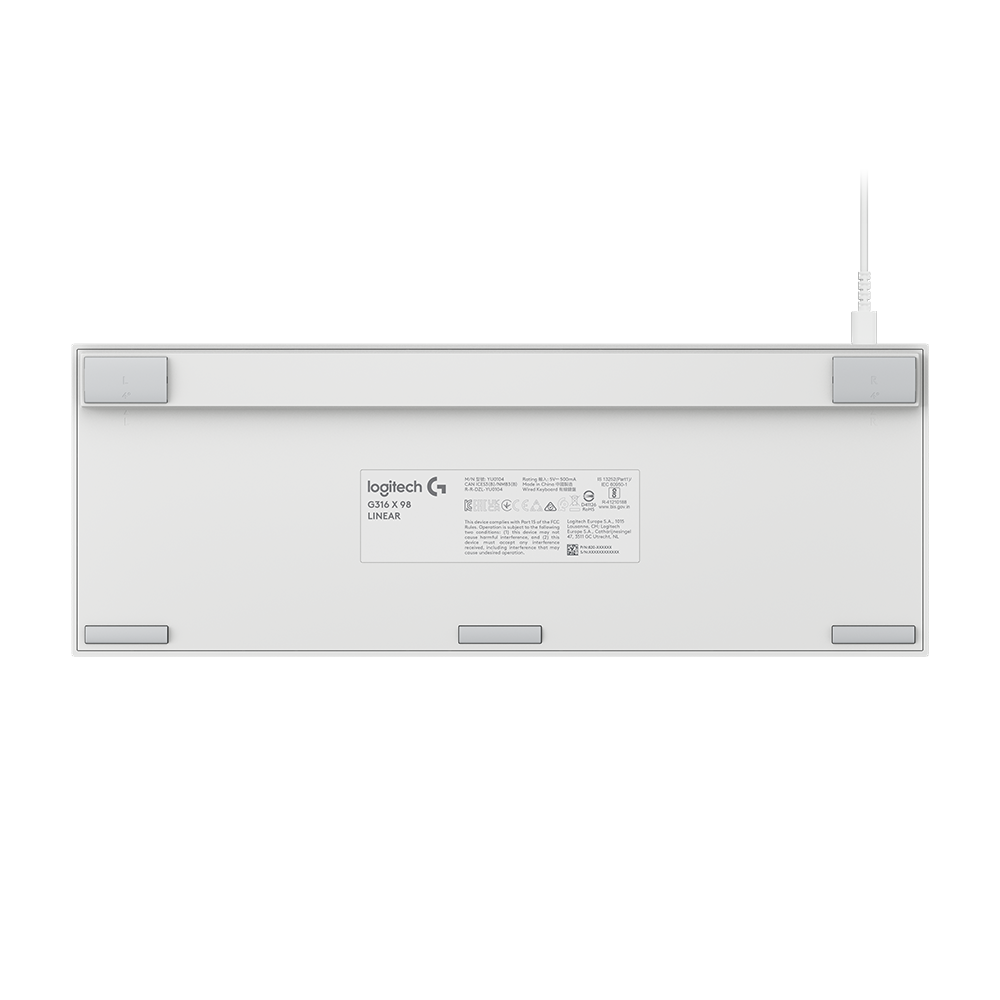 Logitech G316 X 98 白色背面電競鍵盤。Logitech G316 X 98 white back view keyboard.