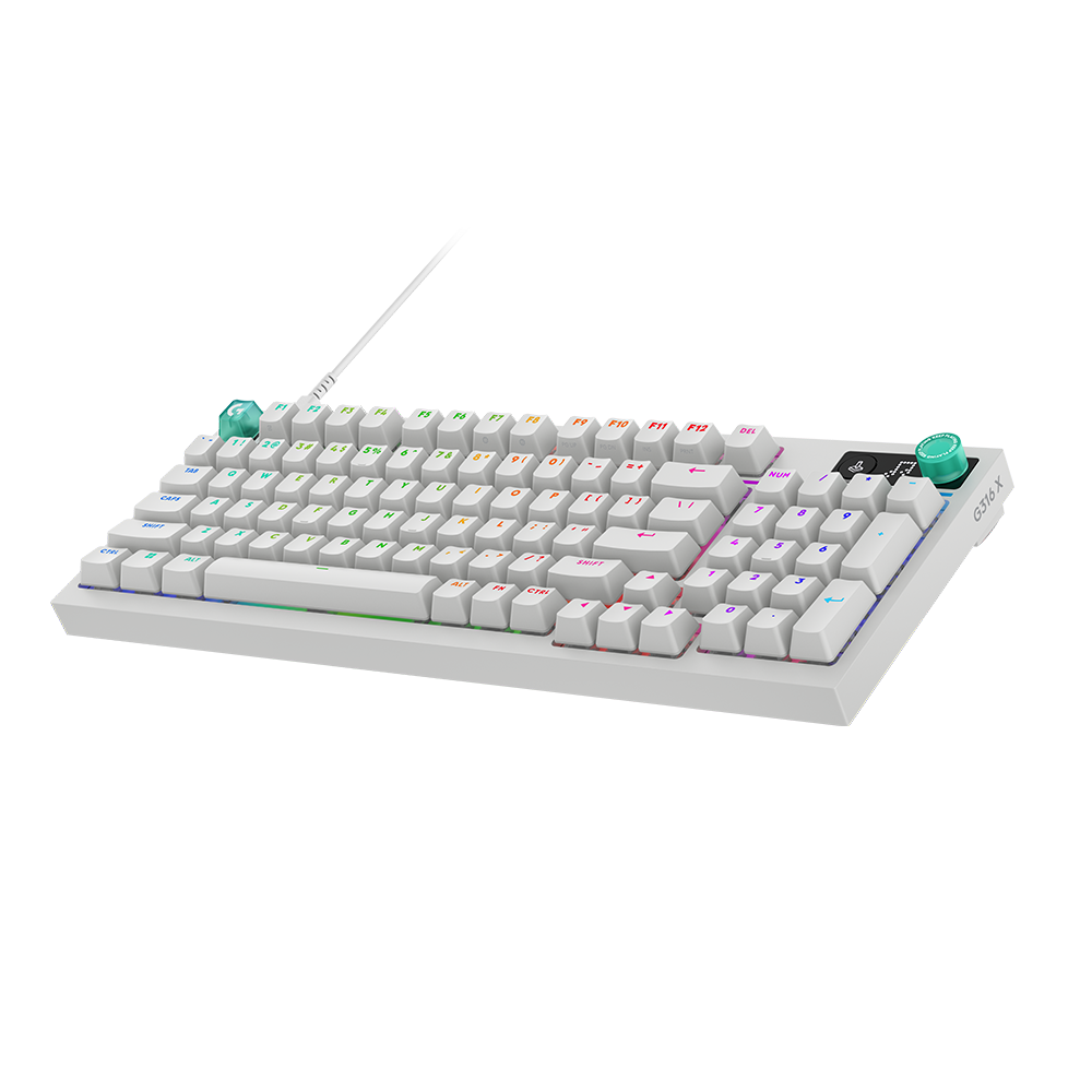Logitech G 316 X 98 白色斜側全景鍵盤。Logitech G 316 X 98 white isometric keyboard.