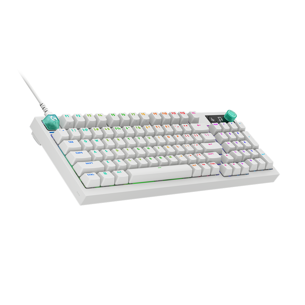 Logitech G316 X 98 白色斜側全景鍵盤。Logitech G316 X 98 white perspective keyboard.