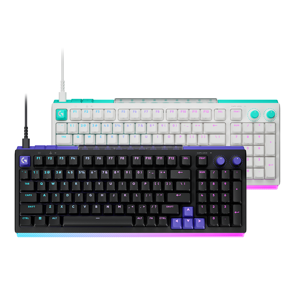 Logitech G512 X 98 類比機械雙軸有線電競鍵盤正面雙色外觀 Front view of dual-color wired gaming keyboard with LIGHTSYNC RGB.