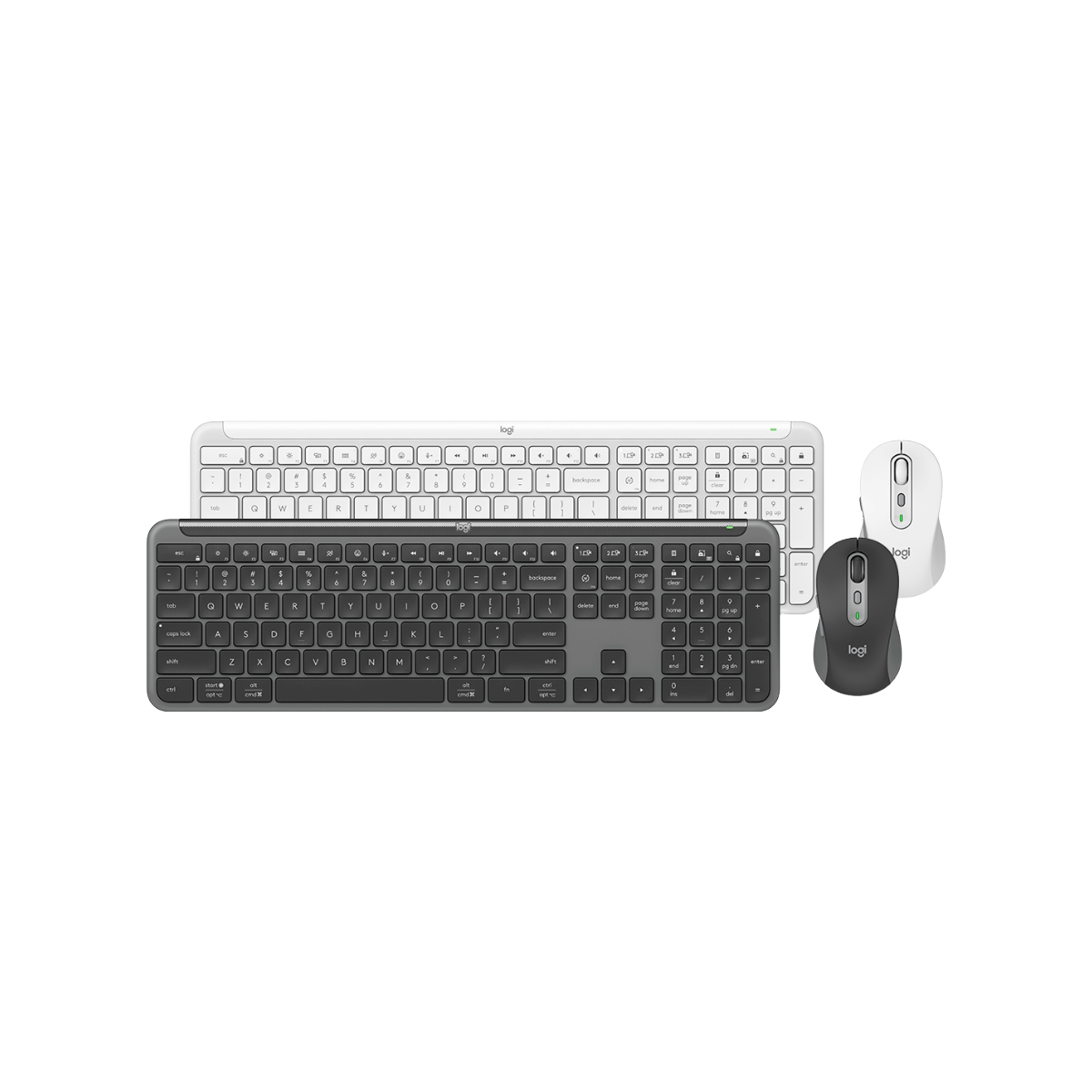 羅技 MK950 黑色與白色鍵鼠組合正面，展示超薄鍵盤與靜音滑鼠配色。Front view of black and white Logitech MK950 combos showcasing color options.