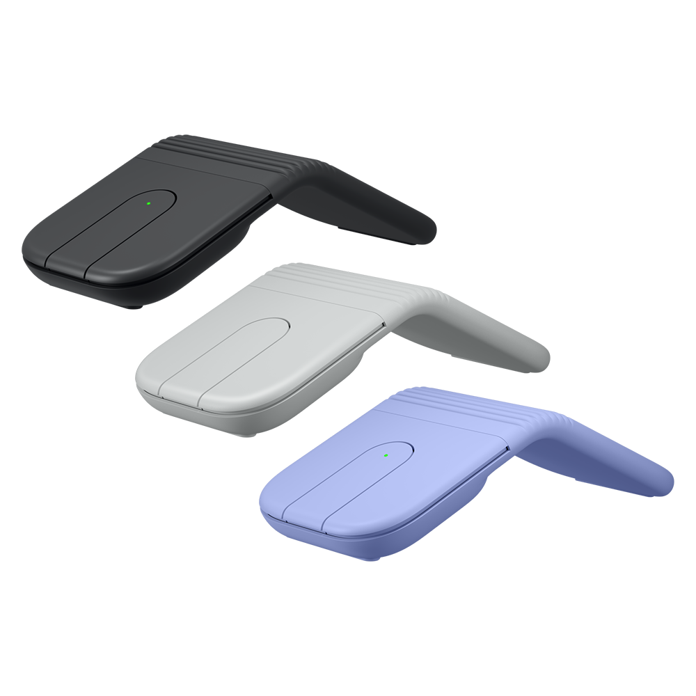  Logitech Mobi Fold 無線摺疊滑鼠，黑、灰、紫三色呈對角線展開展示，突顯前端觸控面板Logitech Mobi Fold wireless mice in black, grey, and lavender, shown unfolded with adaptive touch panels