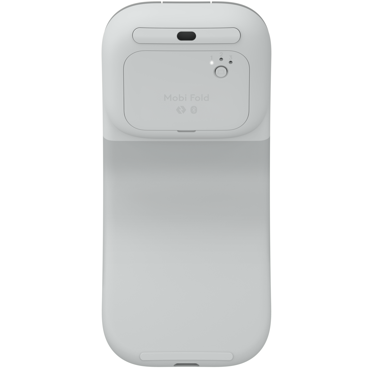 Logitech Mobi Fold 白色滑鼠底部，展示 Easy-Switch 跨裝置切換按鈕Bottom view of white Logitech Mobi Fold mouse, showing the Easy-Switch button