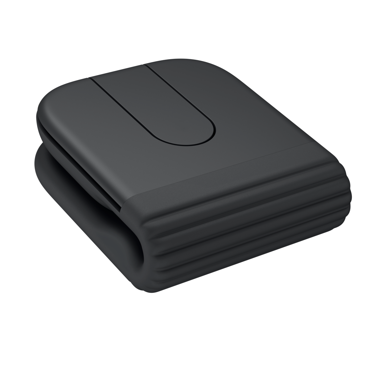 Logitech Mobi Fold 石墨灰無線滑鼠，展示完全摺疊後的外觀Folded Logitech Mobi Fold wireless mouse, showing its compact square shape from a top view