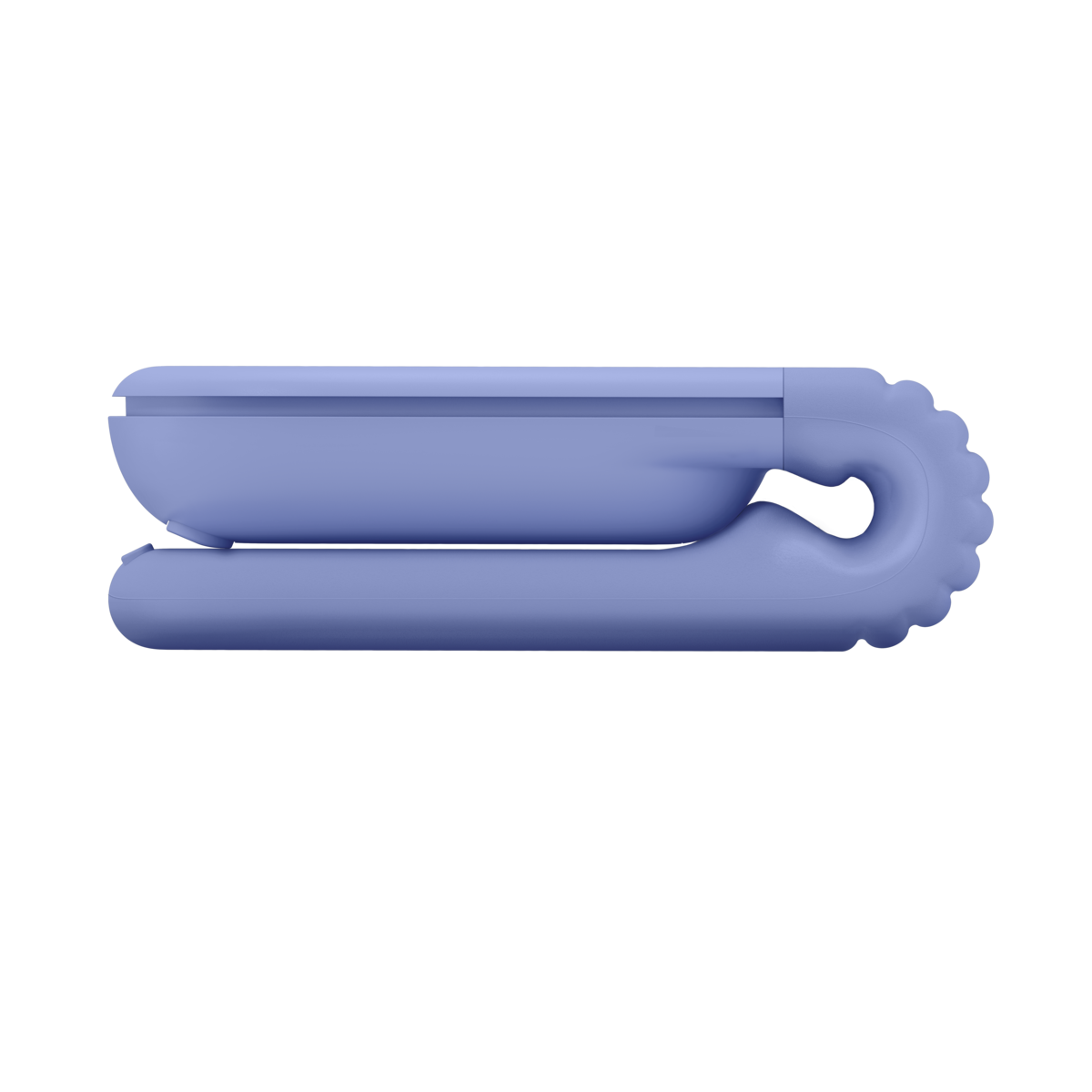 Logitech Mobi Fold 星暮紫無線滑鼠，展示完全折疊後的超薄扁平側面外觀Folded lilac Logitech Mobi Fold wireless mouse, showing its ultra-slim flat side profile