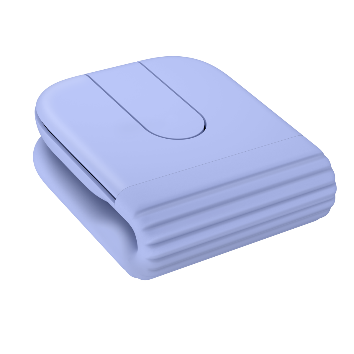 Logitech Mobi Fold 星暮紫無線滑鼠，展示完全摺疊後的緊湊外觀Folded lilac Logitech Mobi Fold wireless mouse, showing its compact shape from a top view