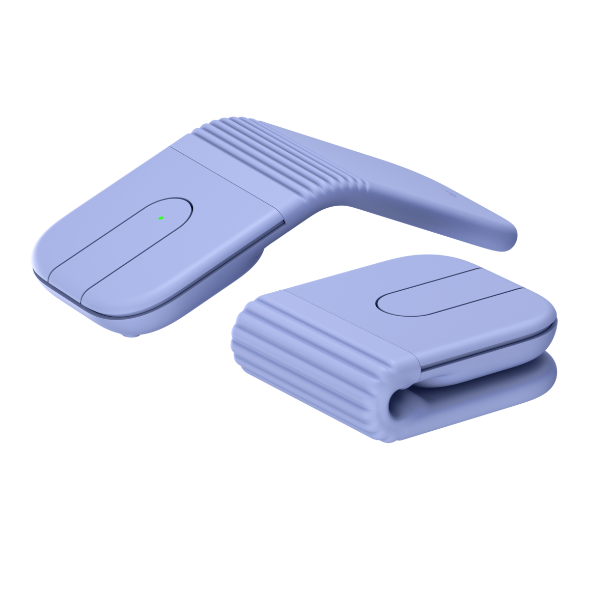 羅技 Logitech Mobi Fold 星暮紫無線滑鼠，同時展示展開拱形與完全摺疊收納的兩種狀態對比Lilac Logitech Mobi Fold wireless mouse, showing both unfolded arched and fully folded states for comparison
