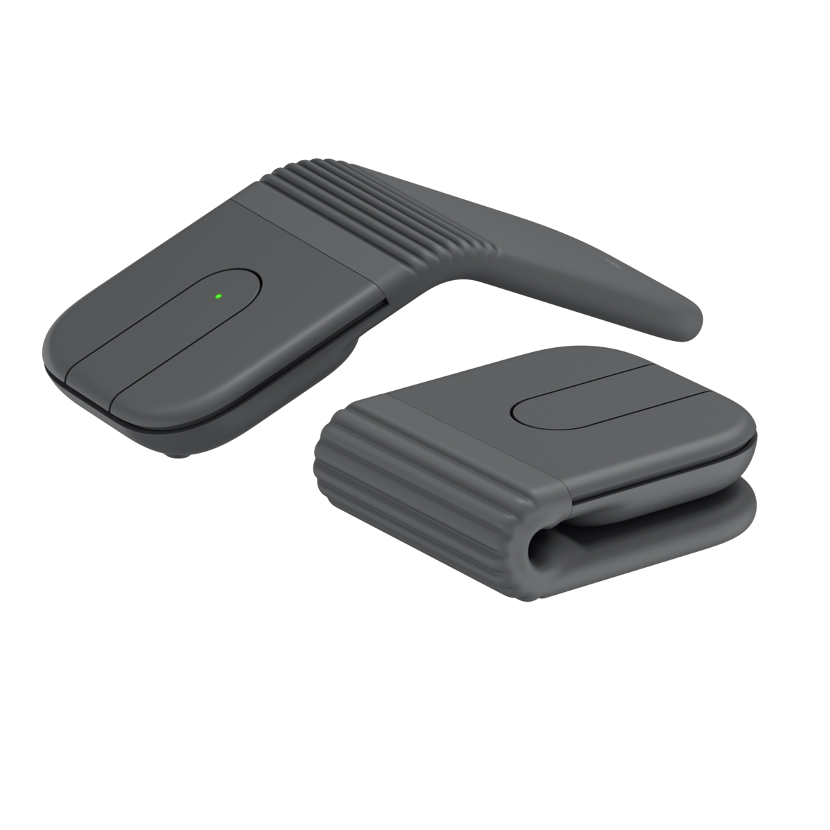 Logitech Mobi Fold 石墨灰無線滑鼠，同時展示展開拱形與完全摺疊收納的兩種狀態對比Logitech Mobi Fold wireless mouse, showing both unfolded arched and fully folded states for comparison
