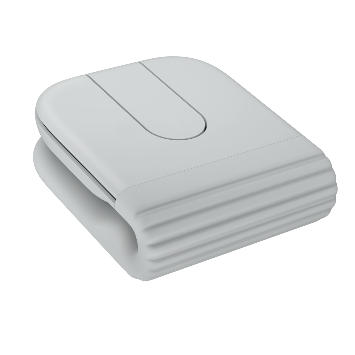 Logitech Mobi Fold 珍珠白無線滑鼠，展示完全摺疊後的緊湊外觀Folded off-white Logitech Mobi Fold wireless mouse, showing its compact shape from a top view