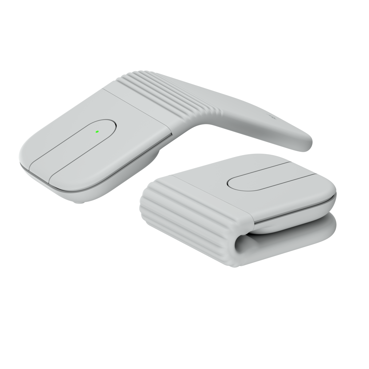 Logitech Mobi Fold 珍珠白無線滑鼠，同時展示展開拱形與完全摺疊收納的兩種狀態對比Off-white Logitech Mobi Fold wireless mouse, showing both unfolded arched and fully folded states for comparison