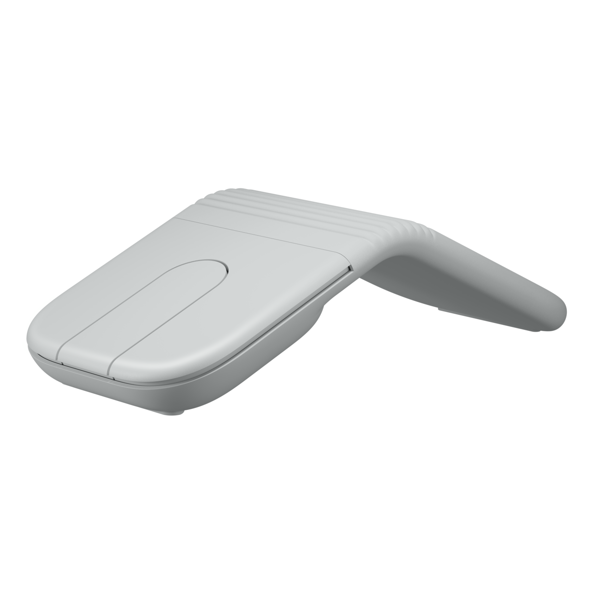 Logitech Mobi Fold 珍珠白無線摺疊滑鼠，呈展開拱形姿態Off-white Logitech Mobi Fold wireless mouse, shown unfolded in an arched shape