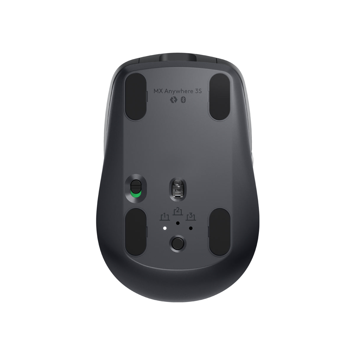 羅技 MX Anywhere 3S 石墨灰滑鼠底部，展示裝置切換鍵與高精準感應器。Bottom view of Graphite Logitech MX Anywhere 3S mouse showcasing Easy-Switch button and sensor.