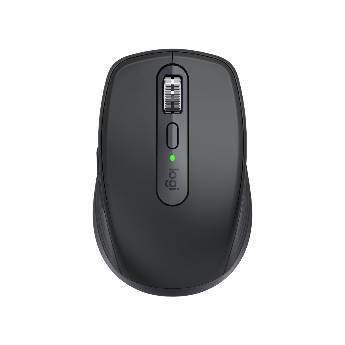 羅技 MX Anywhere 3S 石墨灰滑鼠正面，展示緊湊機身與電磁滾輪。Front view of Graphite Logitech MX Anywhere 3S wireless mouse showcasing its compact form factor.