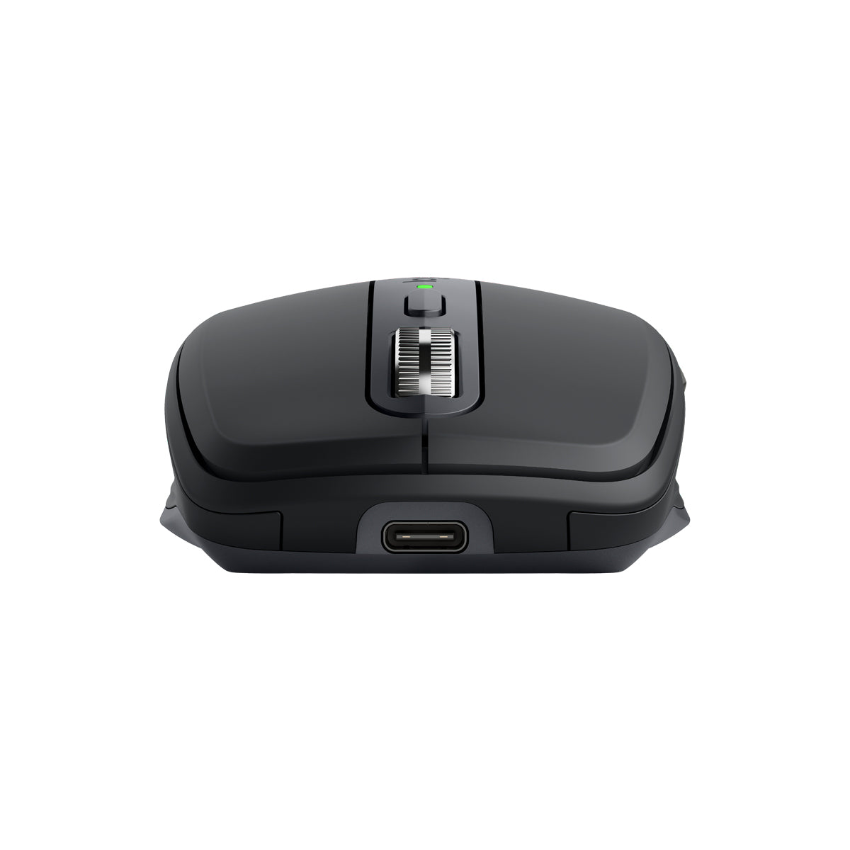 羅技 MX Anywhere 3S 石墨灰滑鼠頂部，展示充電孔與電磁滾輪。Top view of Graphite Logitech MX Anywhere 3S mouse showcasing USB-C port and scroll wheel.