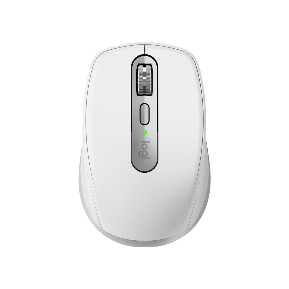 羅技 MX Anywhere 3S 珍珠白滑鼠正面，展示緊湊機身與電磁滾輪。Front view of Pale Grey Logitech MX Anywhere 3S wireless mouse showcasing its compact form.