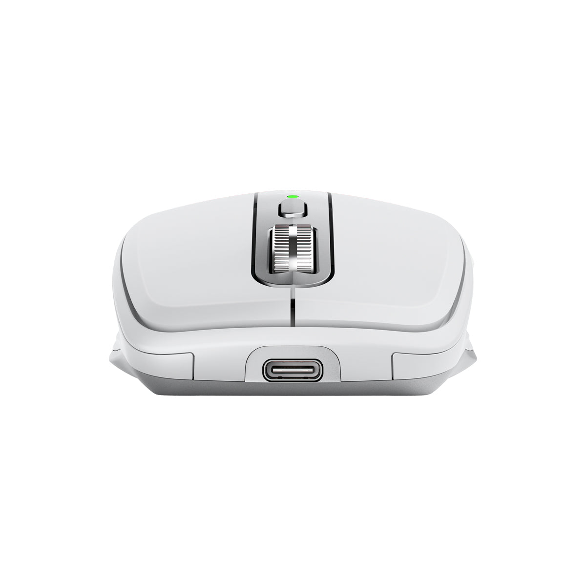 羅技 MX Anywhere 3S 珍珠白滑鼠頂部，展示充電孔與電磁滾輪。Top view of Pale Grey Logitech MX Anywhere 3S mouse showcasing USB-C port and scroll wheel.