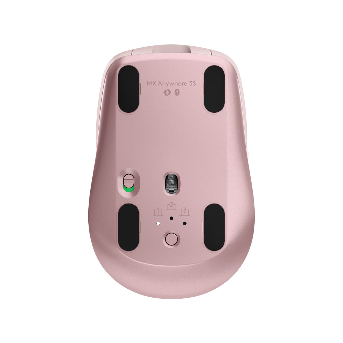 羅技 MX Anywhere 3S 玫瑰粉滑鼠底部，展示裝置切換鍵與高精準感應器。Bottom view of Rose Logitech MX Anywhere 3S mouse showcasing Easy-Switch button and sensor.