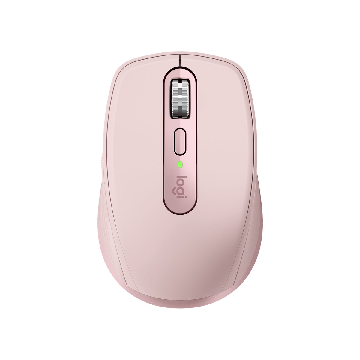 羅技 MX Anywhere 3S 玫瑰粉滑鼠正面，展示緊湊機身與電磁滾輪。Front view of Rose Logitech MX Anywhere 3S wireless mouse showcasing its compact form.