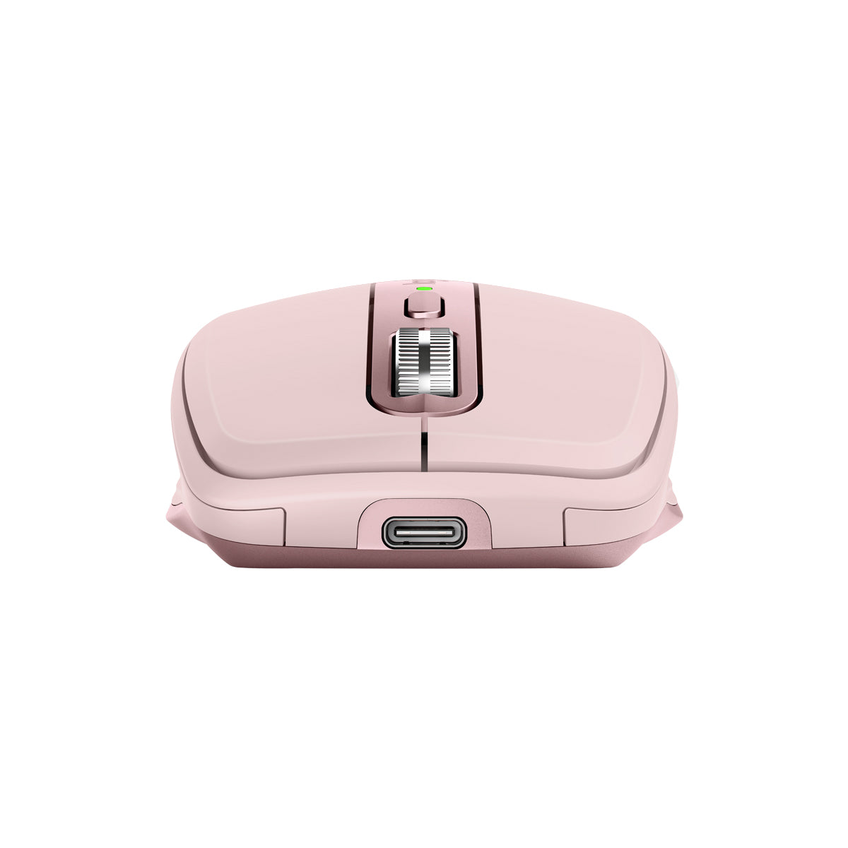 羅技 MX Anywhere 3S 玫瑰粉滑鼠頂部，展示充電孔與電磁滾輪。Top view of Rose Logitech MX Anywhere 3S mouse showcasing USB-C port and scroll wheel.