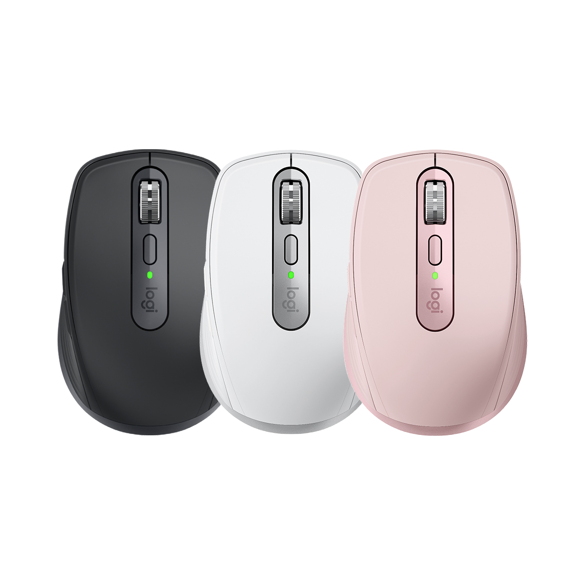 羅技 MX Anywhere 3S 三色無線滑鼠正面，展示石墨灰、珍珠白與玫瑰粉。Front view of Logitech MX Anywhere 3S wireless mouse showcasing Graphite, Pale Grey, and Rose colors.