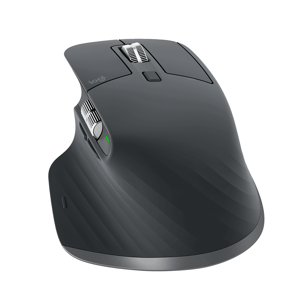 羅技 MX Master 3S 藍牙滑鼠直立視角，展示人體工學外型與電磁滾輪。Front view of Logitech MX Master 3S Bluetooth mouse showcasing its ergonomic form.