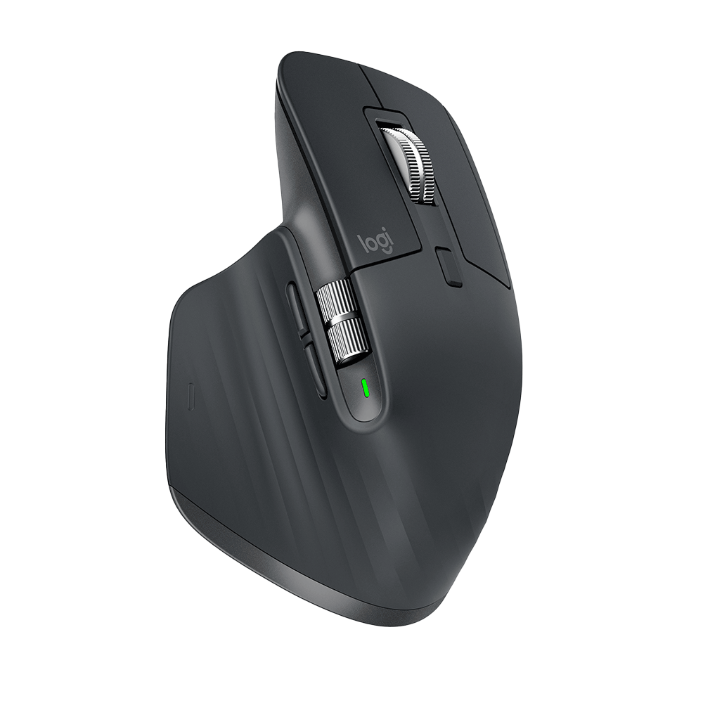 羅技 MX Master 3S 藍牙滑鼠直立視角，展示人體工學外型與電磁滾輪。Front view of Logitech MX Master 3S Bluetooth mouse showcasing its ergonomic form.