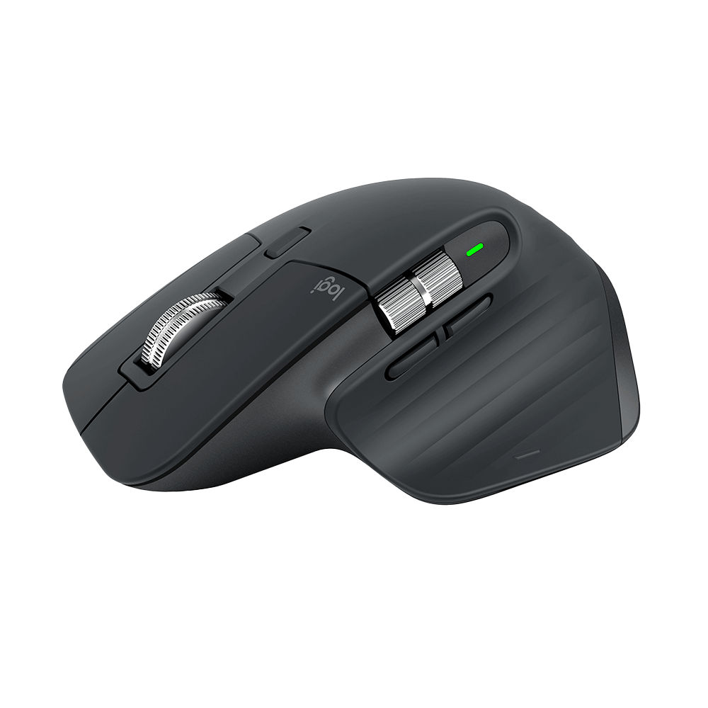 羅技 MX Master 3S 藍牙滑鼠側面，展示精緻金屬側輪與人體工學握把。Side view of Logitech MX Master 3S Bluetooth mouse showcasing the metal thumb wheel.