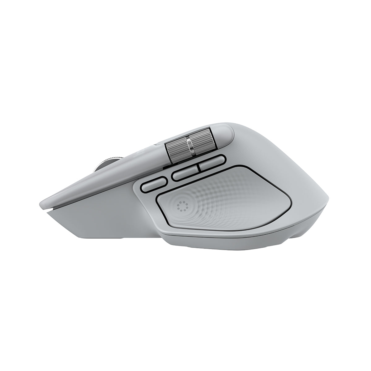 羅技 MX Master 4 for Mac 珍珠白滑鼠側面，展示動作環鍵與側邊快捷鍵。Side view of Pale Grey Logitech MX Master 4 for Mac showcasing Actions Ring and thumb buttons.