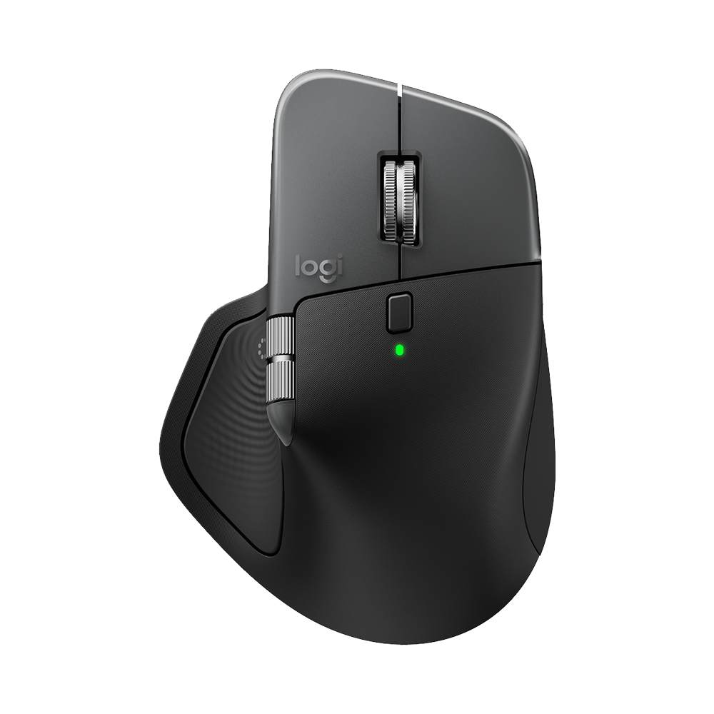 羅技 MX Master 4 for Mac 太空黑滑鼠正面，展示極簡美學外型。Front view of Space Black Logitech MX Master 4 for Mac wireless mouse.